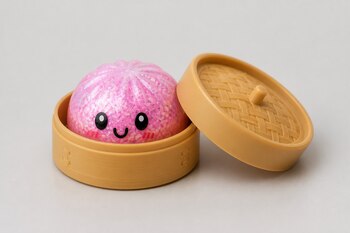 Juguete rosa con rostro sonriente colocado en una vaporera de plástico beige abierta sobre un fondo gris.