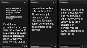 Tres capturas de pantalla de historias de Instagram con texto en color blanco sobre fondo negro de la cuenta de usuario noevigliarolo.
