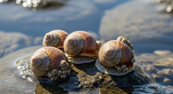 Primer plano de cuatro caracoles marinos marrones y grises con conchas espirales, algunos con percebes, sobre rocas húmedas con reflejos de agua.