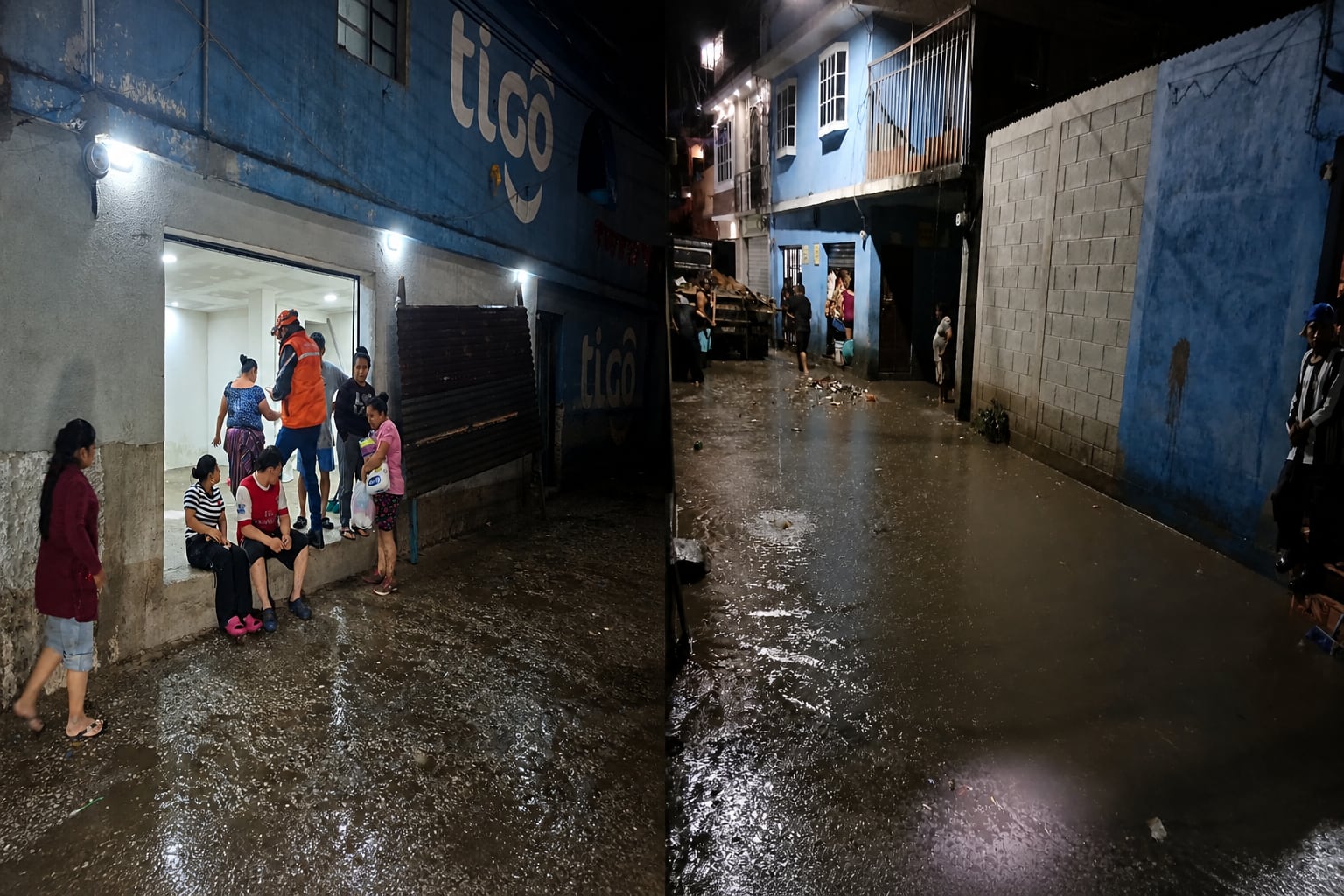 Varias personas y un socorrista se concentran junto a viviendas en una calle anegada por el agua y el barro durante la noche. (Imagen Ilustrativa Infobae)