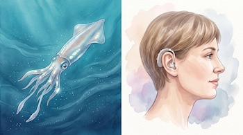 Ilustración dividida con un calamar bajo el agua a la izquierda y el perfil de una persona con un audífono a la derecha.