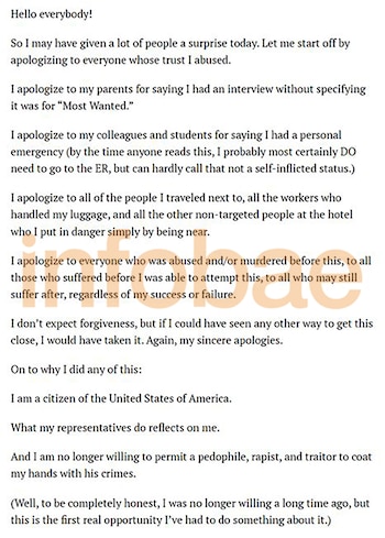 Una página de texto escrita en inglés con un saludo, disculpas, y la explicación de los motivos del autor, mencionando a Donald Trump