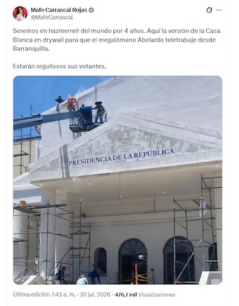 Mafe Carrascal criticó el diseño de la nueva oficina presidencial y comparó la obra con una versión de la Casa Blanca - crédito @MafeCarrascal/X