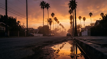 Un charco en la acera de una calle residencial refleja palmeras y el cielo anaranjado del atardecer entre casas y automóviles estacionados.