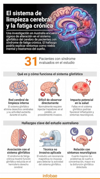 Infografía sobre el sistema de limpieza cerebral y la fatiga crónica. Muestra el cerebro humano, flechas, una jeringa, lupa, puntos rojos, símbolos de sueño, MRI.