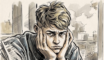 Ilustración de un joven rubio con expresión preocupada, manos en la cara, junto a un periódico apilado; fondo de edificios de ciudad