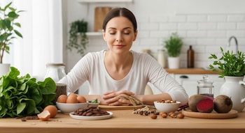 Mujer adulta con los ojos cerrados sentada en una mesa de madera clara, rodeada de alimentos frescos como lechuga, huevos, nueces, granos de cacao y remolachas.