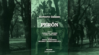 Portada verde del libro Perón de Norberto Galasso que presenta a un militar sobre un caballo frente a un fondo boscoso desenfocado.