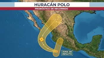Mapa de México con una franja amarilla que marca la trayectoria del huracán Polo y un recuadro etiquetado como zona de impacto.