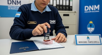 Primer plano de un oficial de DNM estampando un sello rojo de "RESIDENCIA CANCELADA" en un documento abierto. Se ve el logo de DNM y la bandera argentina en el uniforme.