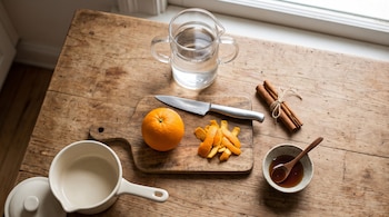 Una naranja, tiras de cáscara, un cuchillo, ramas de canela, agua en una jarra, miel en un cuenco y una olla pequeña sobre una mesa de madera.