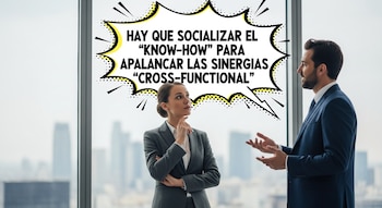 Hombre y mujer en trajes de negocios conversan frente a una ventana de oficina con vista a la ciudad, junto a un bocadillo de cómic con texto.