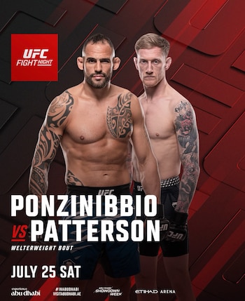 Dos luchadores, Ponzinibbio y Patterson, de torso desnudo, con tatuajes. Logo UFC Fight Night, nombres, fecha 25 de julio, Abu Dabi