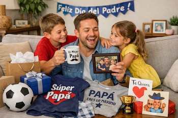 Un padre sentado en un sofá con sus dos hijos, con regalos como una taza, camisetas, un balón de fútbol y un portaretratos sobre una mesa frente a ellos.
