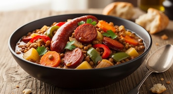 Un cuenco negro con guiso de lentejas, un chorizo entero, rodajas de chorizo, trozos de patata, zanahorias y pimientos. Una cuchara y pan en la mesa.