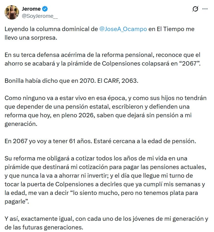 Jerome Sanabria, líder de No con mi Ahorro, dijo que la reforma pensional