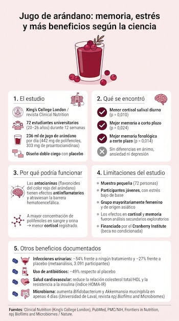 Infografía vertical con título y cinco secciones sobre el jugo de arándano y sus beneficios. Contiene texto, iconos y una ilustración de un vaso con bebida y arándanos.