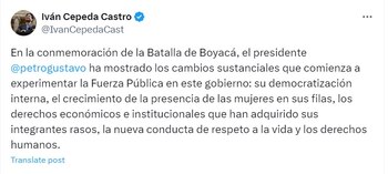 El senador y negociador de paz resaltó las mejorías de la Fuerza Pública, en materia de salarios y el retorno de la Mesada 14 - crédito @IvanCepedaCast/X