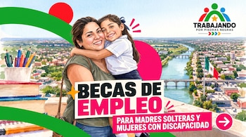 Ilustración de una mujer y una niña frente al río Bravo, con libros escolares y carteles de texto sobre becas de empleo en Piedras Negras.