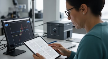 Una persona con gafas lee un texto en una tableta. Un monitor de ordenador muestra gráficos de seguimiento ocular y una caja gris con el logo de Apple.