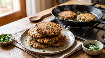 Un plato con tortitas de lentejas apiladas junto a cuencos con hierbas y una sartén de hierro con dos tortitas en el fuego.