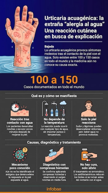 Infografía sobre urticaria acuagénica con una mano con ronchas emergiendo del agua, junto a gráficos sobre síntomas, causas, diagnóstico y tratamiento.