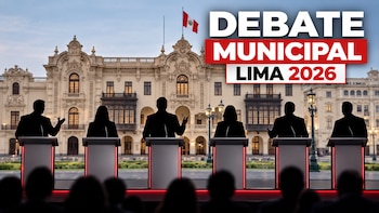 Siluetas de seis personas detrás de atriles frente al Palacio Municipal de Lima, con un cartel que dice Debate Municipal Lima 2026