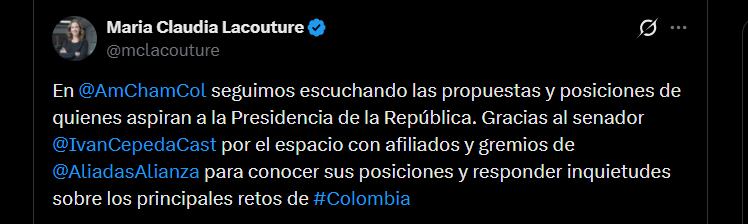 María Claudia Lacouture destacó la reunión de Iván Cepeda en AmCham - crédito @mclacouture/X