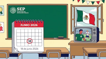 Ilustración de un aula mexicana con pizarrón SEP, calendario del 18 de junio de 2026, TV con partido de fútbol y bandera mexicana por la ventana.