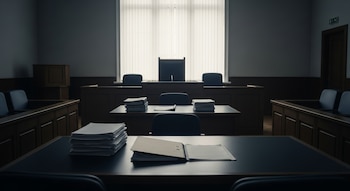 Una sala de tribunal vacía con un estrado, mesas de abogados, sillas, una ventana alta con persianas, y montones de documentos y carpetas legales.