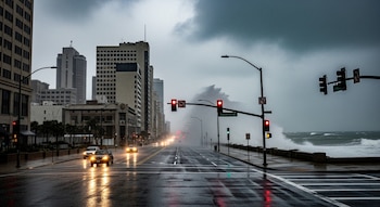 Calle mojada de ciudad costera con edificios, semáforos en rojo, autos con luces encendidas y grandes olas rompiendo contra el malecón bajo un cielo oscuro.