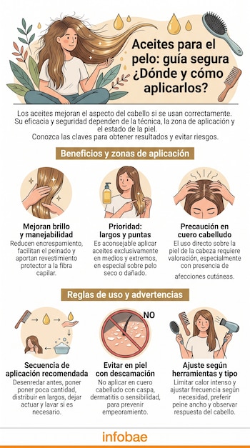 Infografía con ilustraciones de una mujer peinándose, gotas de aceite, un peine, un secador y bloques de texto informativo sobre cuidado capilar.