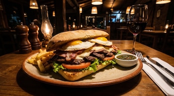 Sanguche de chivito con carne, jamón, tocino, queso, lechuga, tomate y huevos fritos. Con papas fritas y chimichurri, copa de vino tinto, en restaurante nocturno.