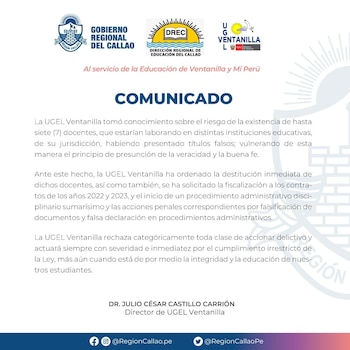 Pronunciamiento de la UGEL Ventanilla