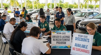 Varias personas sentadas en mesas llenando formularios mientras personal del programa de licencias de Miami-Dade los asiste al aire libre, con autos detrás.