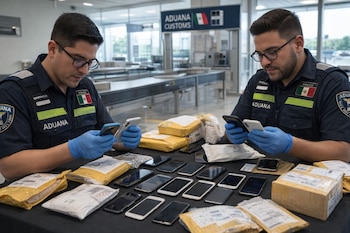 Dos hombres con uniforme de Aduana, parches de la bandera mexicana, lentes y guantes azules. Teléfonos celulares en sus manos y sobre una mesa con paquetes postales.