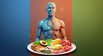 Figura humana mosaico con doble hélice de ADN y partículas LDL. Plato dividido con aguacate, vegetales, frutos secos, queso, mantequilla, carne y embutidos.