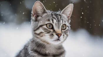 Un cachorro de gato raza Egyptian Mau, color blanco y negro, mirando hacia la derecha. En un paisaje desenfocado que puede ser un ambiente nevado. cae nieve por delante del gato