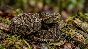 Una serpiente de escamas marrones y ocre permanece enrollada sobre musgo y hojas secas con pequeñas gotas de agua.