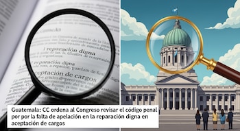 Imagen dividida con lupa sobre libro que muestra texto legal y lupa sobre un edificio gubernamental con cúpula y personas observando.