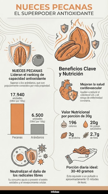 Descubre por qué las nueces pecanas lideran el ranking de capacidad antioxidante (ORAC), superando incluso a los arándanos. Conoce sus beneficios para la salud cardiovascular, su valor nutricional por porción y cómo ayudan a neutralizar los radicales libres para prevenir el envejecimiento celular. Crédito: InfografíaIA