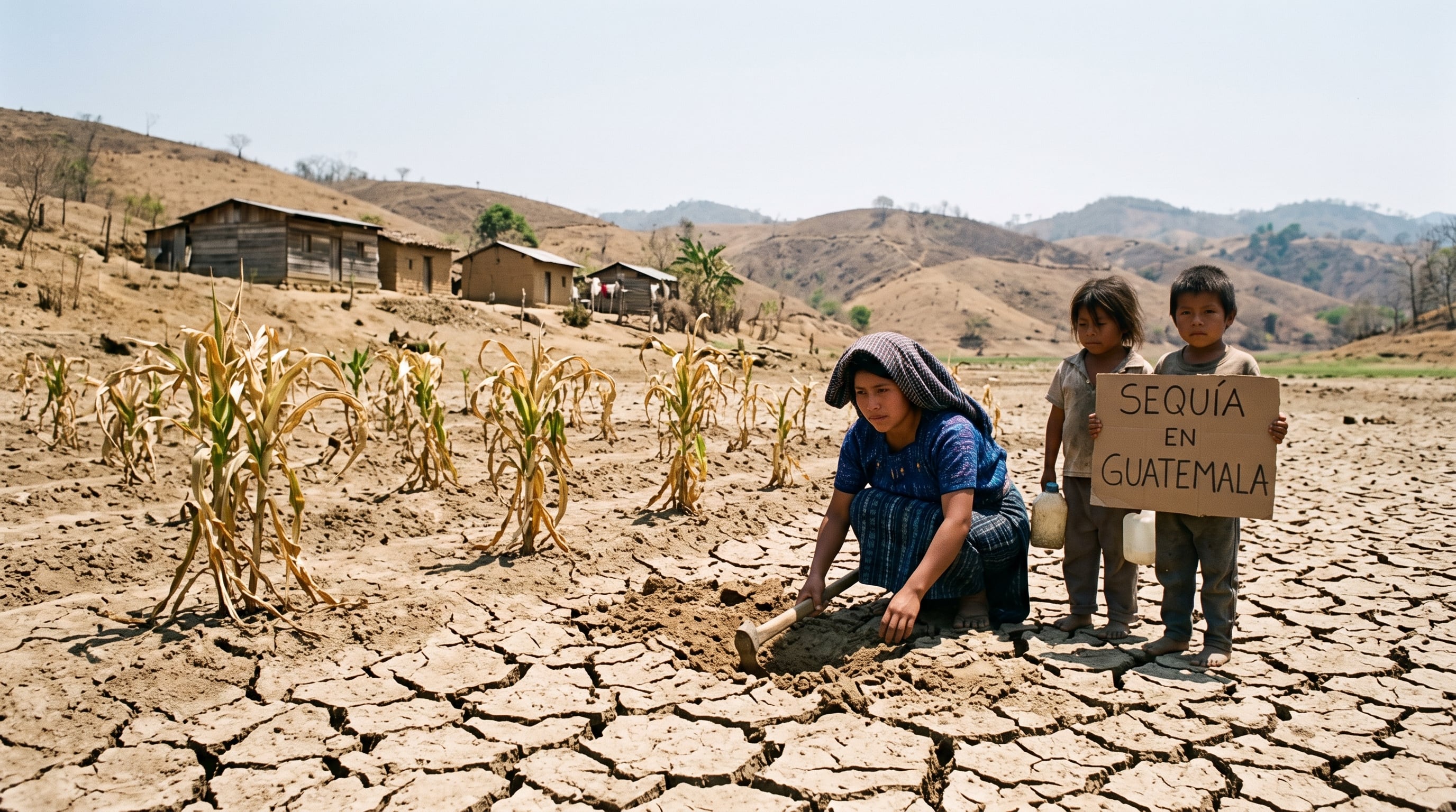 Una mujer trabaja la tierra agrietada junto a dos niños en el campo guatemalteco, donde el fenómeno de El Niño reduce las lluvias e incrementa la inseguridad alimentaria. (Imagen Ilustrativa Infobae)