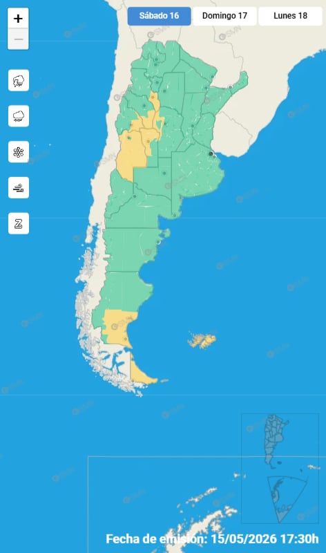 Las alertas amarillas por fuertes vientos para el sábado 16 de mayo