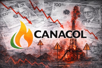 Logo de llama, texto CANACOL, pozo de gas rojo y negro, señales de alerta, billetes de 100 pesos colombianos y gráficos descendentes con textura risográfica.