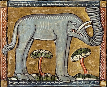Un elefante de color gris con trompa enrollada y colmillos blancos se sitúa entre dos árboles estilizados sobre un fondo dorado y borde decorativo