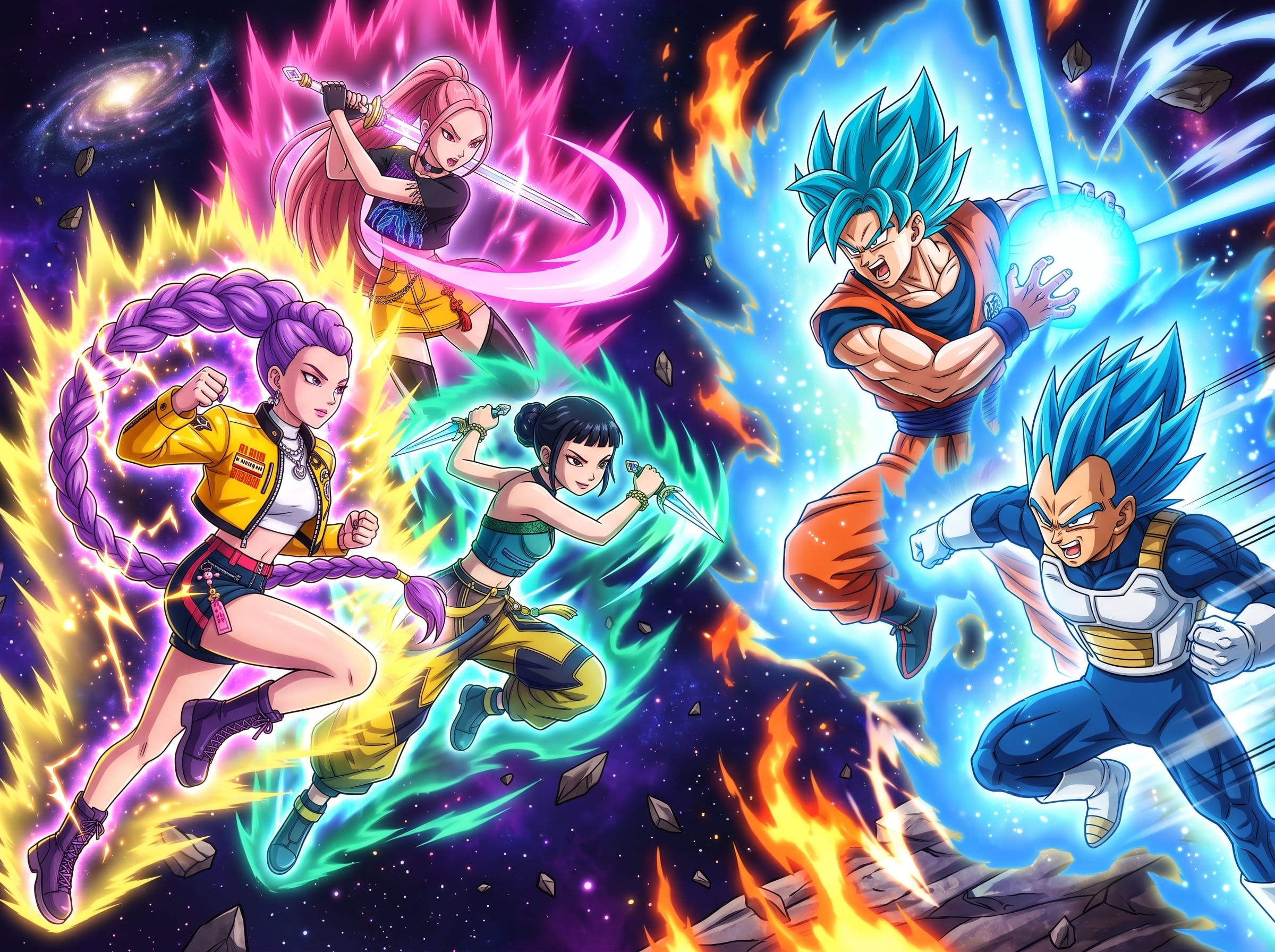 Esta es una ilustración hecha con IA de Las Guerreras K-pop en el universo de Dragon Ball Super. (Foto: Gemini)