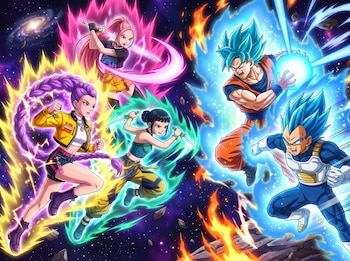 Cinco personajes animados en el espacio despliegan auras de energía y armas durante un combate frente a frente