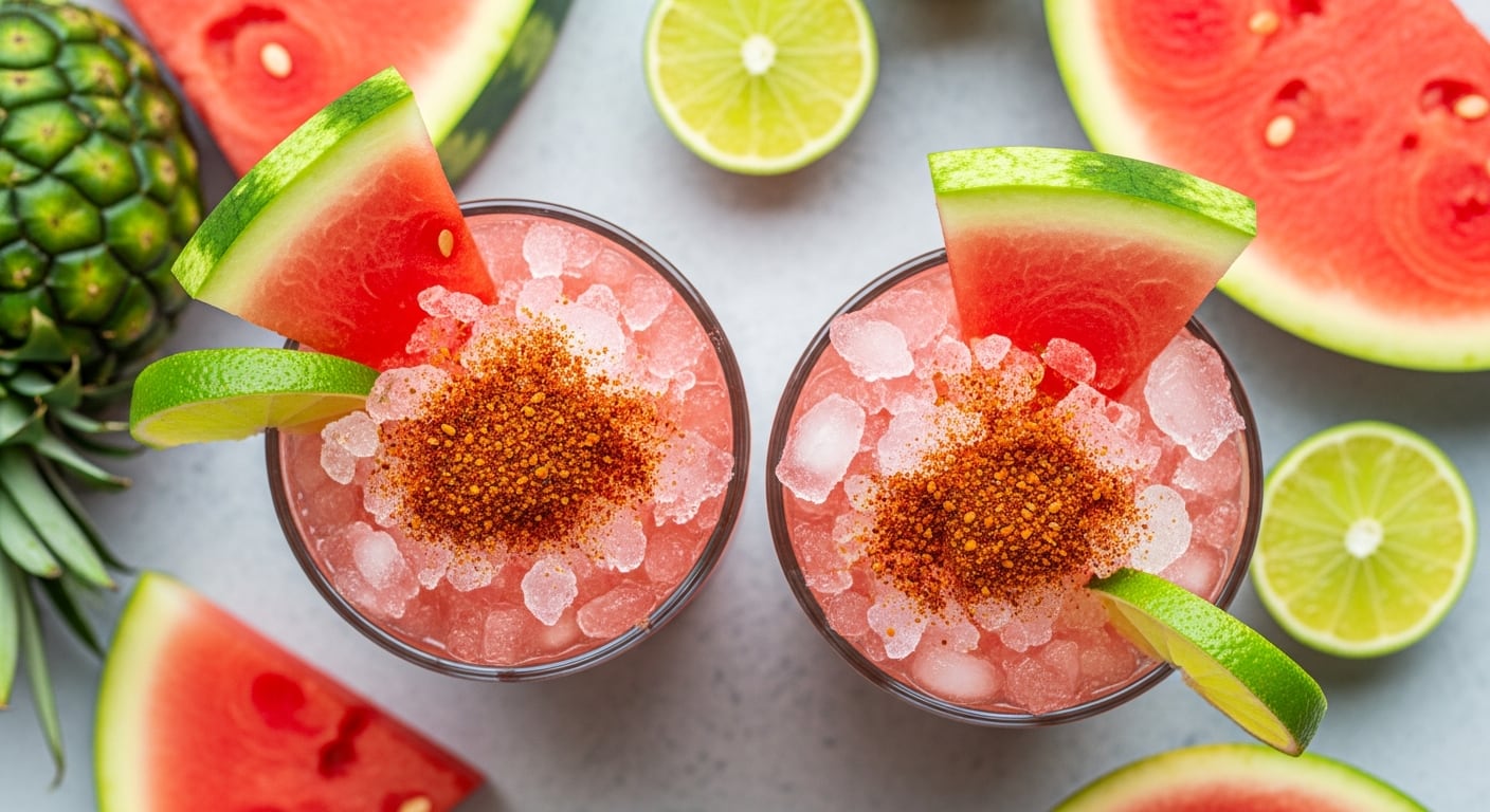 Dos chamoyadas de sandía con hielo, chamoy y chile, adornadas con sandía y lima, se muestran sobre un fondo fresco con frutas frescas alrededor. (Imagen Ilustrativa Infobae)