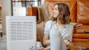 Una mujer ajusta su purificador de aire (Canva)