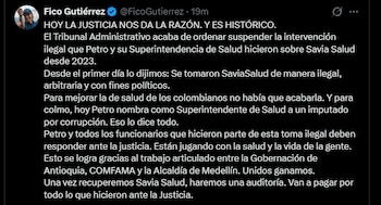 El mandatario sostuvo que la intervención de Savia Salud habría sido, según su versión, irregular y motivada por fines políticos - crédito @FicoGutierrez/X